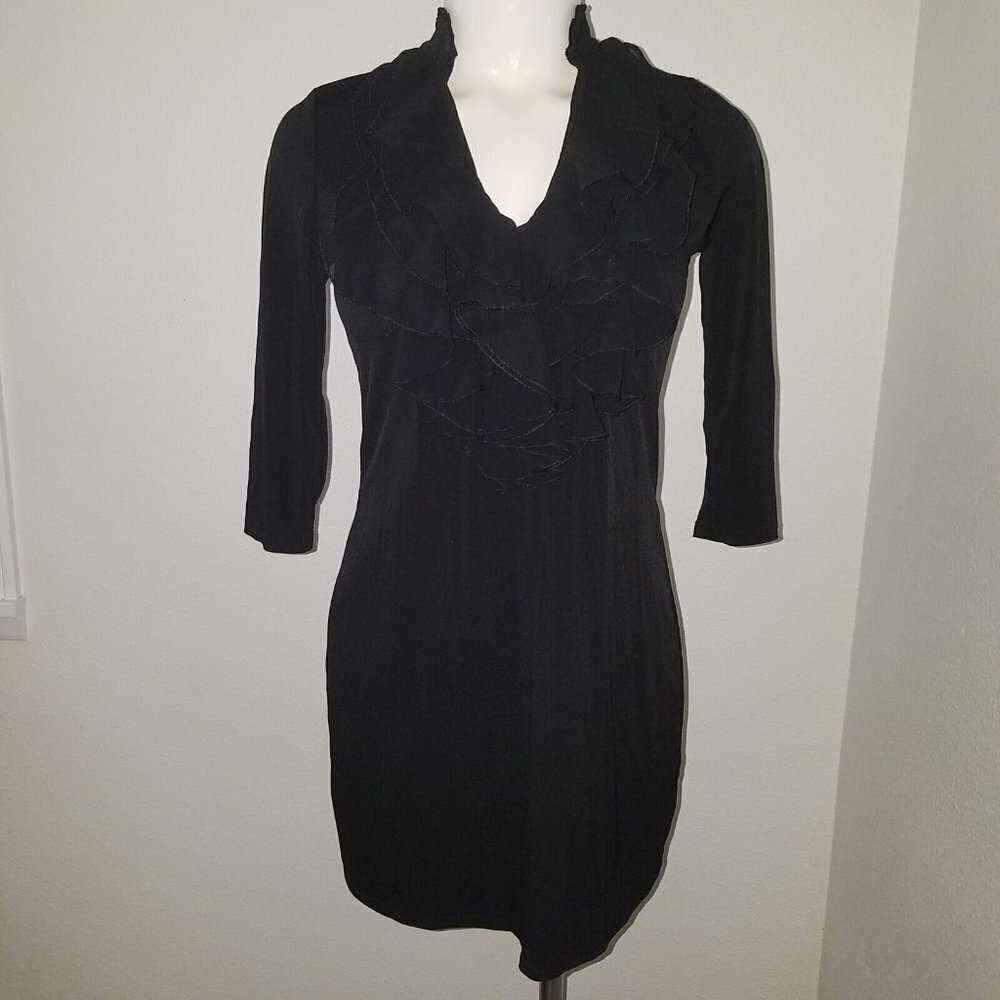 WHBM White House Black Market Solid Black Tunic Blouse Ruffle Front Career XXS